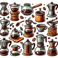 Wall Mural - A collection of cartoon-style illustrations showing various coffee brewing equipment, perfect for any coffee enthusiast looking to explore different methods and techniques.