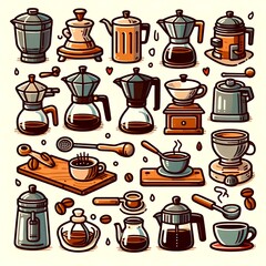 Wall Mural - A collection of cartoon-style illustrations showing various coffee brewing equipment, perfect for any coffee enthusiast looking to explore different methods and techniques.