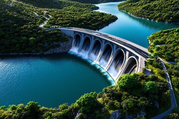 Poster - Hydropower and water resource management are depicted in a realistic photo of a dam integrated into a natural landscape