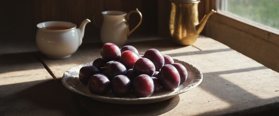 Canvas Print - Cozy rustic kitchen interior with plum fruits on old wooden table.