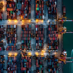 Aerial night view of a port with illuminated, colorful shipping containers and cranes, highlighting the logistics and global trade activities.