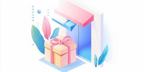 Poster - A colorful package is being delivered through portal, surrounded by vibrant leaves, creating cheerful and modern atmosphere.
