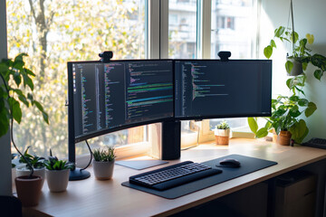 Poster - Clean and organized home office with a software developer writing code on a computer