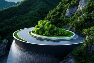 Poster - Hydropower innovation and green energy are illustrated in a futuristic design of a cutting-edge dam with emphasis on sustainability