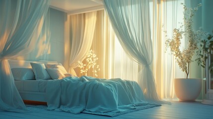 Wall Mural - A Bed in a Room with White Curtains and a Plant