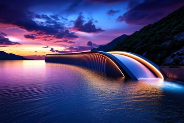 Poster - Hydropower innovation and structural design are highlighted in a detailed illustration of a futuristic dam set against a vibrant sunset
