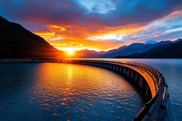 Poster - Hydropower innovation and structural design are highlighted in a detailed illustration of a futuristic dam set against a vibrant sunset
