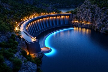 Poster - Hydropower optimization and advanced engineering are captured in a futuristic illustration of a modern dam with cutting-edge technology