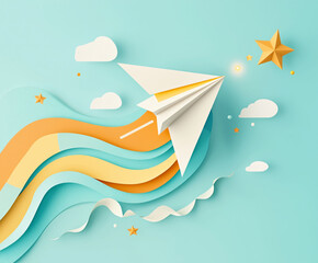 Poster - Paper airplane soaring through colorful waves with stars and clouds