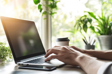 Poster - Businessman is working on a laptop with a blank screen in his home office