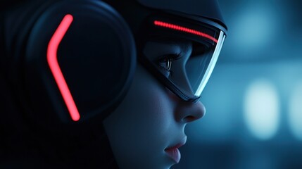 Wall Mural - Close-up of a person wearing futuristic augmented reality headset with glowing lights, showcasing advanced technology and innovation in virtual gaming.