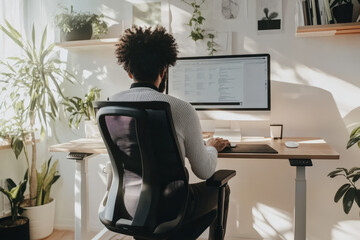 Poster - Software developer concentrating on his work in a bright home office filled with plants