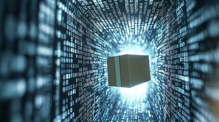 Poster - a package is being transported through digital tunnel filled with binary code, symbolizing intersect