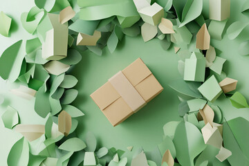 Poster - A cardboard box surrounded by green paper leaves creates fresh and vibrant atmosphere. This composition evokes sense of nature and creativity.