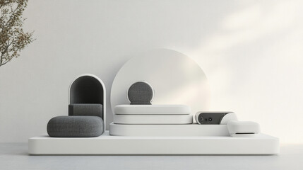 Wall Mural - Mocap of conceptual modular living systems neatly arranged on a sleek white stand