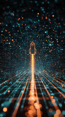 Poster - A rocket launches into vibrant digital landscape, leaving trail of light amidst network of glowing particles.