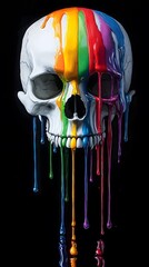 Skull painted with dripping rainbow colors against a dark background