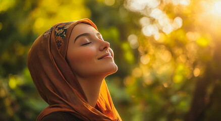 Woman in headscarf enjoying sunlight, symbolizing hope and healing in a peaceful outdoor setting.