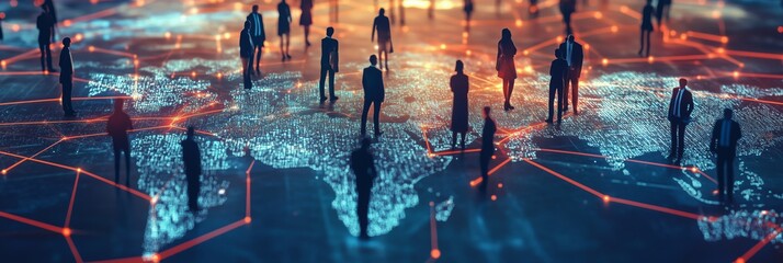 Poster - Global Business Network and Digital Connection Visualization highlight analytics, communication, collaboration, and connectivity as key drivers of global business success and engagement