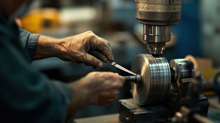 Poster - A Worker's Hands Adjust a Metal Disc on a Machine