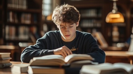 Wall Mural - Young Man Reading in Library