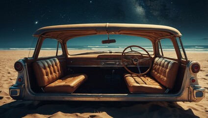 Wall Mural - A vintage-style digital illustration of a cozy car with reclining seats and a sunroof for beach stargazing.