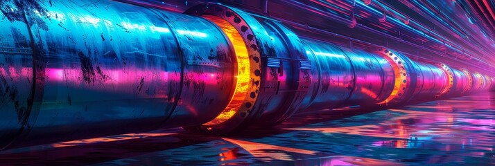 Futuristic Industrial Pipes with Neon Glowing Lights, Abstract Cyberpunk Background. 3D Rendering