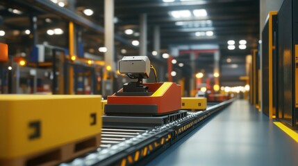 Poster - Automated Guided Vehicle (AGV) Transporting Packages on Conveyor Belt in Warehouse