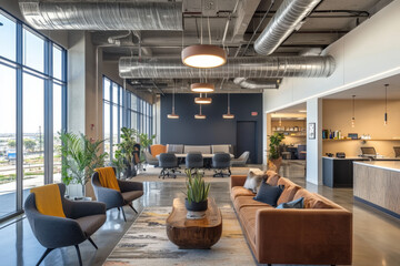 Poster - Inviting and spacious modern office interior design featuring comfortable furniture, large windows, and natural light