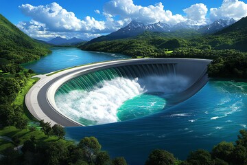 Renewable energy and hydropower advancements are featured in a futuristic illustration of a cutting-edge dam and turbine system