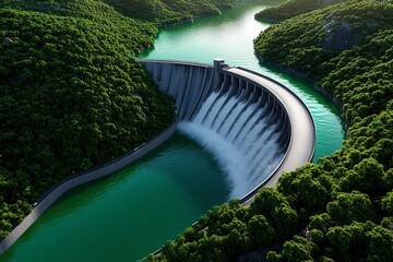 Wall Mural - Renewable energy and hydropower innovation are showcased in a vibrant illustration of a cutting-edge dam with advanced technology