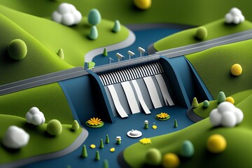 Poster - Renewable energy and hydropower innovation are showcased in a vibrant illustration of a cutting-edge dam with advanced technology