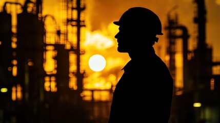 Poster - Silhouetted Man in Hard Hat Against a Glowing Refinery Background