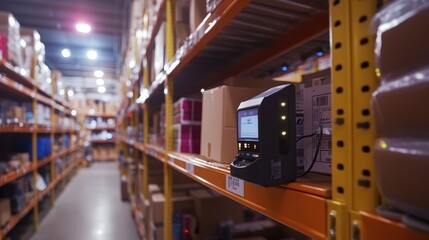 Poster - Black Inventory Scanner on Orange Shelf in Warehouse