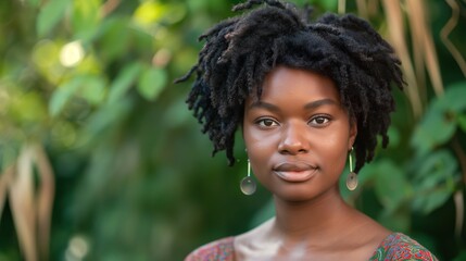 A Black woman relaxes in a vibrant natural setting, exuding confidence and tranquility