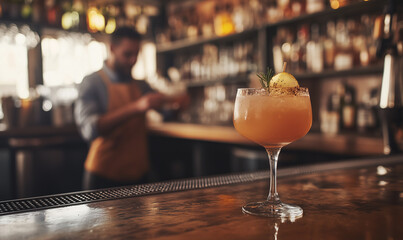 A male bartender in a bar behind the counter has prepared a refreshing and vibrant cocktail that we can see above the counter, with a blurred background, a masterpiece of mixology.