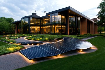 Poster - Renewable energy, green buildings, energy efficiency integrate solar panels and wind turbines into architectural design