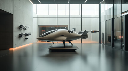 Mocap of conceptual urban air vehicles displayed in a modern showroom