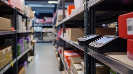 Poster - Two Black Handheld Devices on a Shelf in a Warehouse