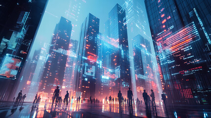 Futuristic cityscape with digital data overlays at night
