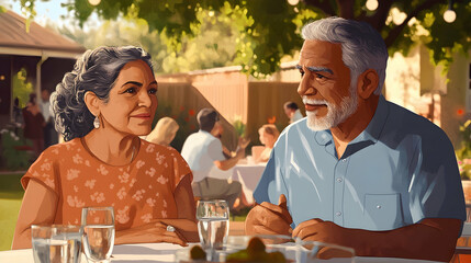 Portrait of Hispanic senior couple at large family gathering outdoors in backyard in summer. Generative AI.