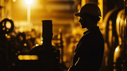 Poster - Silhouetted Worker in Industrial Setting with Warm Lighting