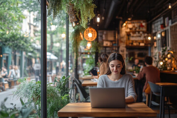 Poster - Young female professional is focused on her work, typing on her laptop in a trendy coffee shop with natural light and lush greenery