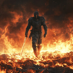 knight with sword, a knight walks on fire with his sword