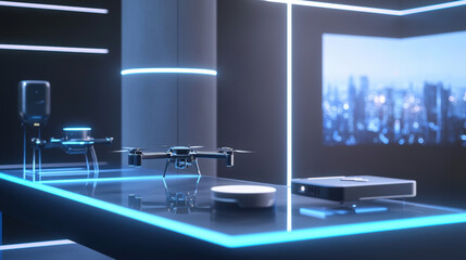 Wall Mural - Mocap of drones and futuristic gadgets placed on a glass display table