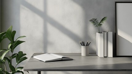 Poster - Minimalist Desk Setup with Open Book, Pencils, and Plants