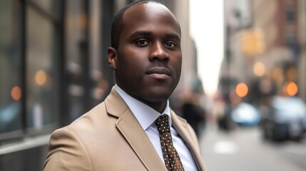 A confident Black professional in a suit stands on a bustling street, radiating workplace poise