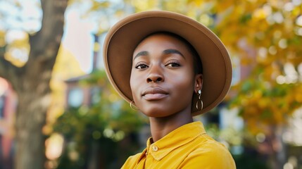 A confident young Black woman in a hat and yellow shirt stands among colorful autumn leaves