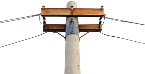 Isolated utility pole, a metal station in the city, engineering and transformer voltage, with telephone and power electric electricity, and wire energy transmission