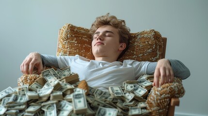 A young man sits in a chair with his eyes closed swamped with money. A man is lying in a chair with a lot of paper money around him